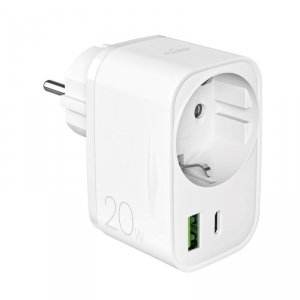 Ładowarka sieciowa USB-A USB-C z gniazdem Schuko PD 20W - biała