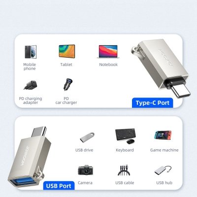 Adapter przejściówka USB-C (męski) - USB-A (żeński) z oczkiem na smycz - srebrny