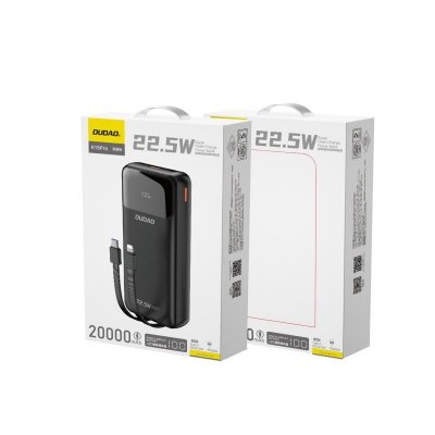 Powerbank 20000mAh z wbudowanymi kablami iPhone Lightning USB-C USB-A 22.5W PD - czarny