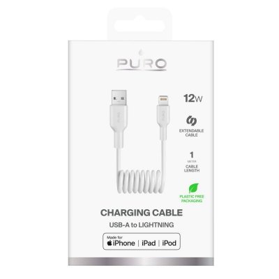 Kabel przewód spiralny USB-A - iPhone Lightning 12W 1m - biały