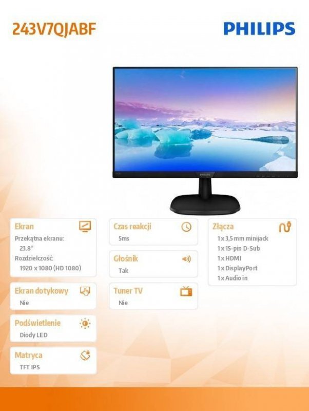PHILIPS MONITOR 23.8 243V7QJABF IPS HDMI DP GŁOŚNIKI