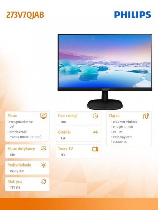PHILIPS MONITOR 27 273V7QJAB IPS HDMI DP GŁOŚNIKI