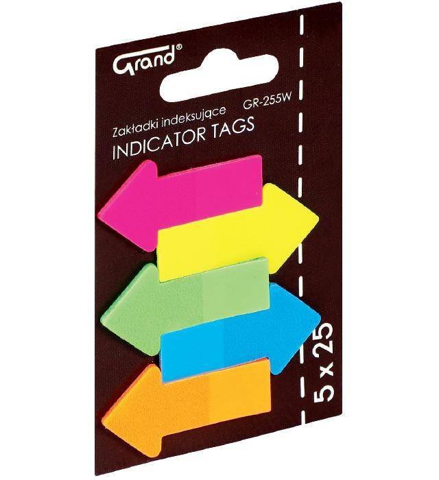 ZAKŁADKI INDEKSUJĄCE FOLIOWE 45X23MM GRAND GR-255W STRZAŁKI 150-1440 MIX*5 5X25SZT