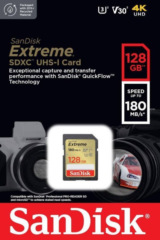 SANDISK KARTA PAMIĘCI EXTREME SDXC 128GB 180/90 MB/S V30 UHS-I U3
