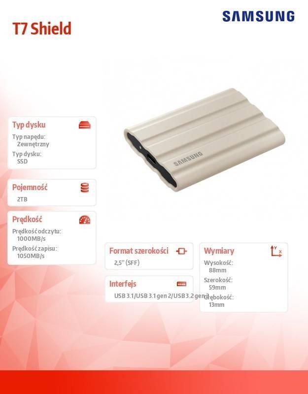 SAMSUNG DYSK SSD T7 SHIELD 2TB USB 3.2, BEŻOWY