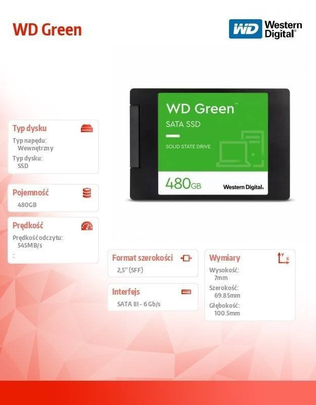 WESTERN DIGITAL DYSK SSD WD GREEN 480GB SATA 2,5 CALA WDS480G3G0A