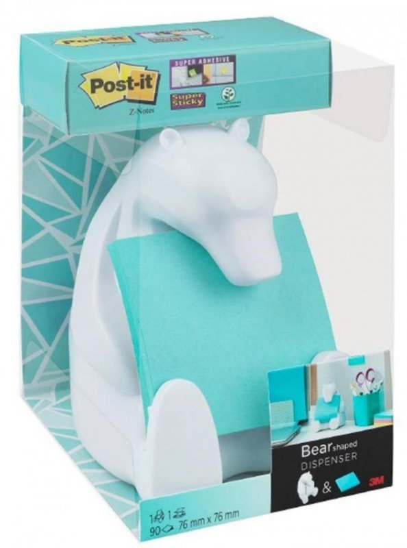 PODAJNIK DO KARTECZEK SAMOPRZYLEPNYCH 3M POST-IT® MIŚ BEAR-330 BIAŁY + BLOCZEK SUPER STICKY Z-NOTES