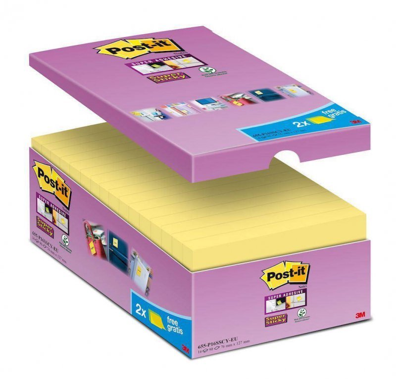 KARTECZKI SAMOPRZYLEPNE 127X76MM 3M POST-IT® SUPER STICKY 655-P16SSCY-EU ŻÓŁTE (14+2)X90 KART
