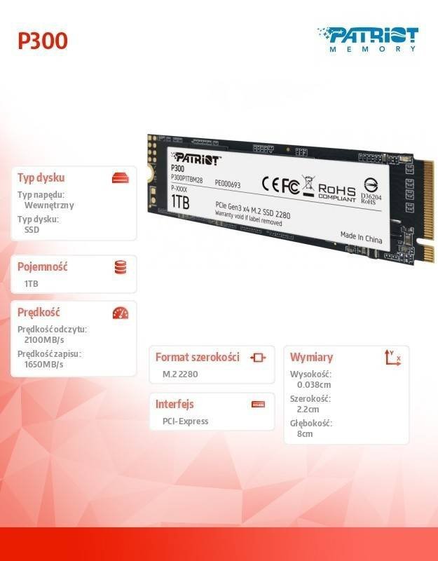 PATRIOT DYSK SSD P300 1TB M.2 PCIE GEN 3 X4 2100/1650