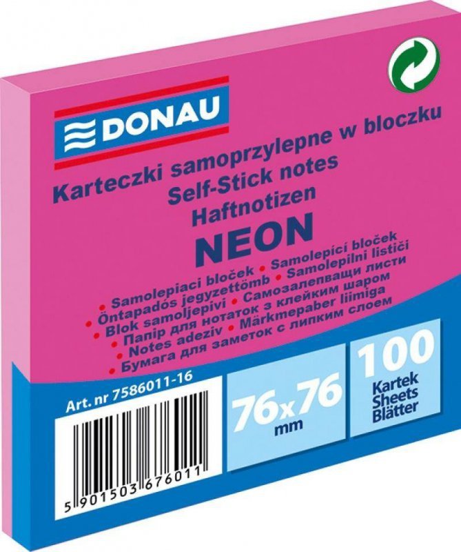 KARTECZKI SAMOPRZYLEPNE 76X76MM DONAU NEON RÓŻOWE 100KART