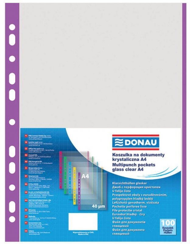 KOSZULKI KRYSTALICZNE A4 DONAU FIOLETOWY BRZEG PP 40MIC 100SZT
