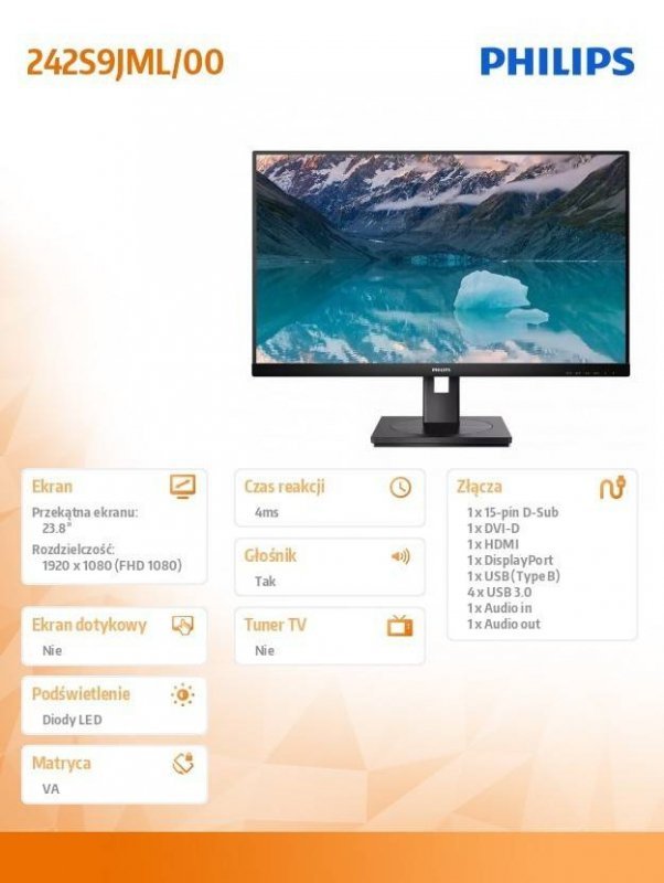 PHILIPS MONITOR 23,8 CALI 242S9JML VA DVI HDMI DP PIVOT