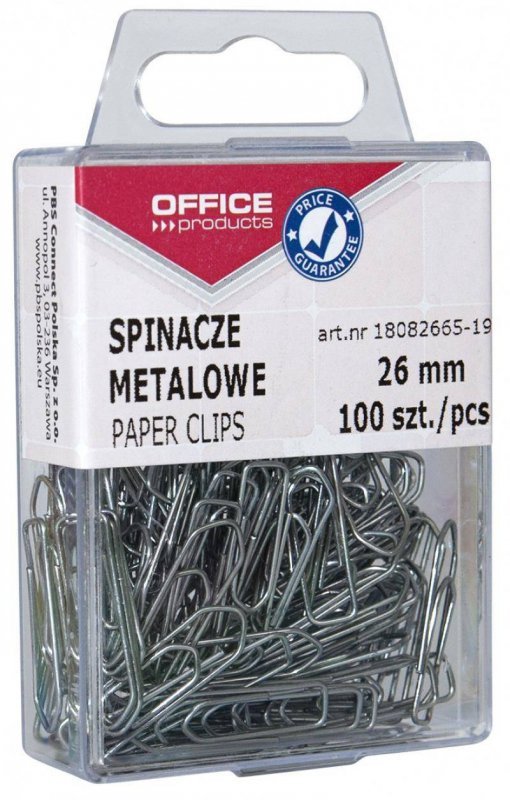 SPINACZE METALOWE 26MM OFFICE PRODUCTS SREBRNE 100SZT.