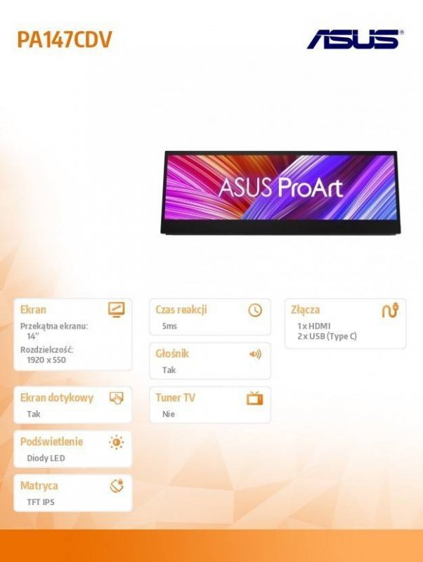 ASUS MONITOR 14 CALI PA147CDV BK/5MS/EU/HDMI+TYPEC*2