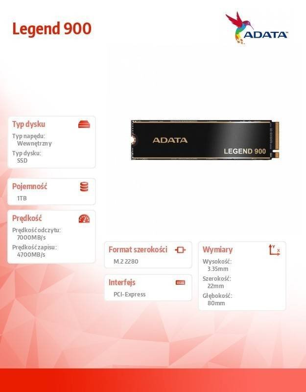 ADATA DYSK SSD LEGEND 900 1TB PCIE 4X4 7/4.7 GB/S M2