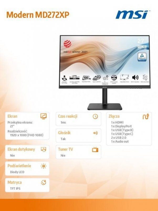 MSI MONITOR MODERN MD272XP 27 CALI IPS/FHD/100HZ/4MS/CZARNY