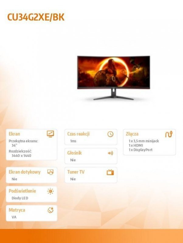 AOC MONITOR 34 CALE CU34G2XE 34 CALE VA ZAKRZYWIONY 144HZ HDMI DP