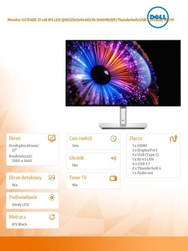 DELL MONITOR U2724DE 27 CALI IPS LED QHD(2560X1440)/16:9/HDMI/DP/THUNDERBOLT/USB-C/USB/RJ-45/3Y
