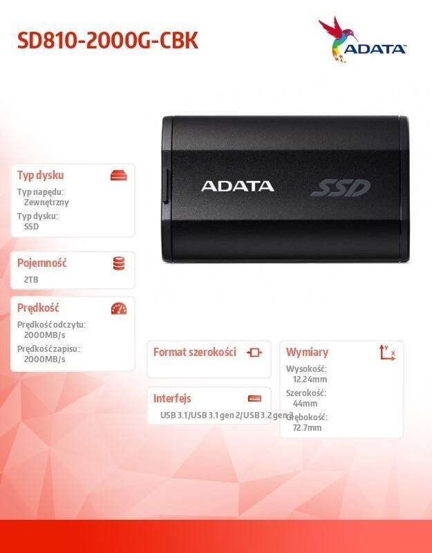 ADATA DYSK SSD EXTERNAL SD810 2TB USB3.2C 20GB/S BLACK