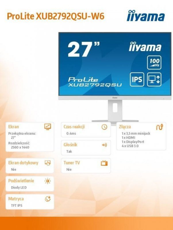 IIYAMA MONITOR 27 CALI PROLITE XUB2792QSU-W6 IPS,QHD,HAS(150MM),100HZ,4XUSB3.2,SLIM
