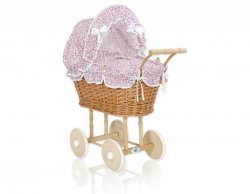 Wiklinowy wózek dla lalek wysoki z różową pościelką i wyściółką- naturalny
