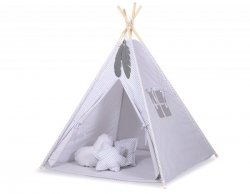 Namiot TIPI dla dzieci +mata + zawieszki pióra - mini-rozeta szara