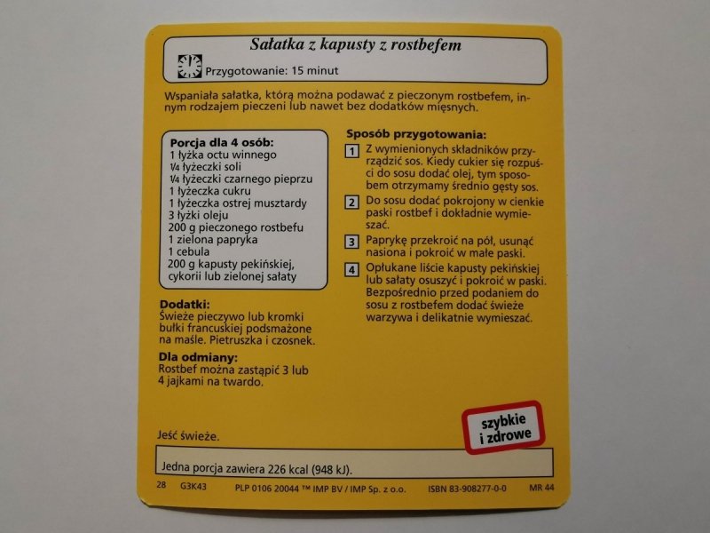 KARTA KULINARNA NR. 43 SAŁATKA Z KAPUSTY Z ROSTBEFEM