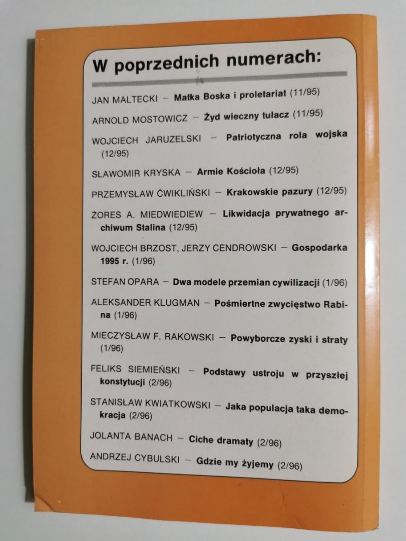 DZIŚ. PRZEGLĄD SPOŁECZNY. WARSZAWA ROK VII MARZEC '96 NR 3 (66)