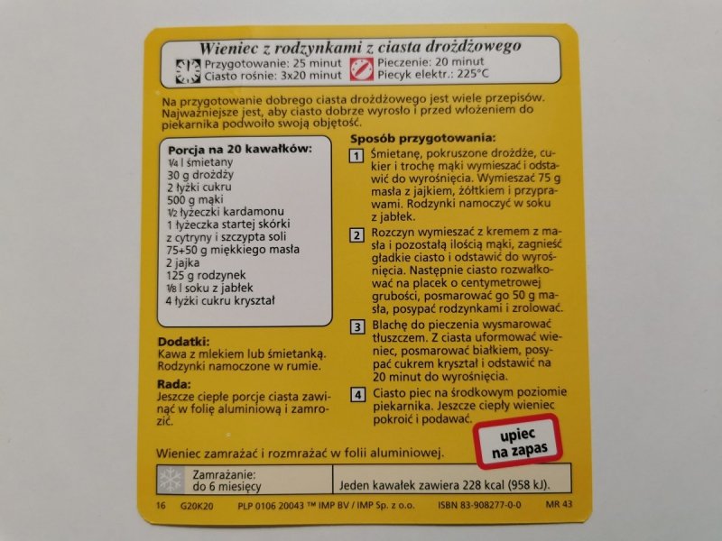 KARTA KULINARNA NR. 20 WIENIEC Z RODZYNKAMI Z CIASTA DROŻDŻOWEGO