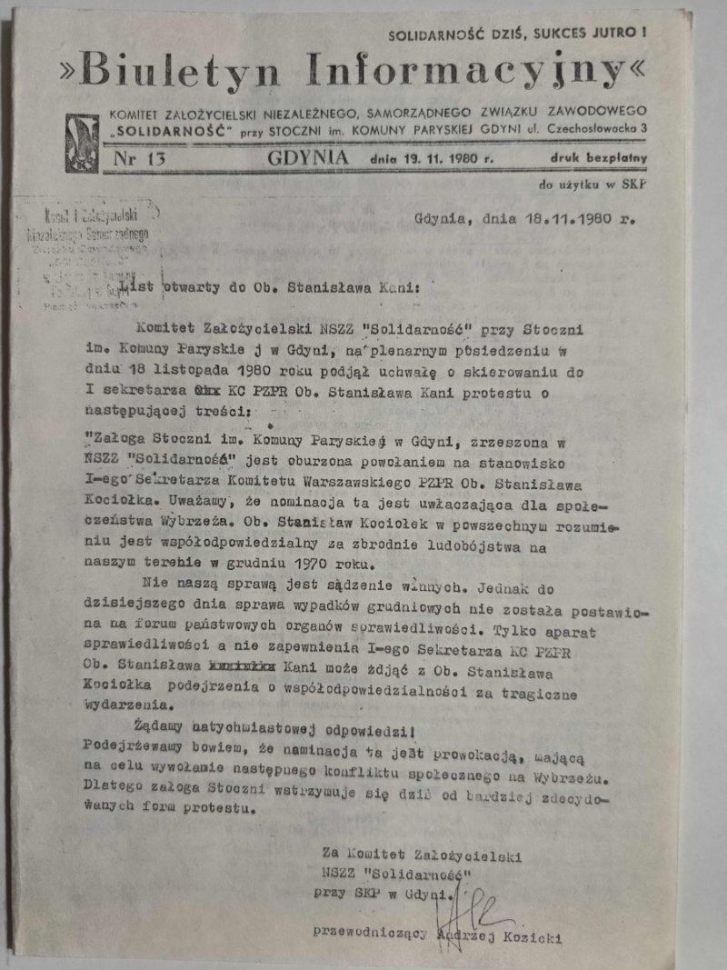 BIULETYN INFORMACYJNY NR 13 19.11.1980
