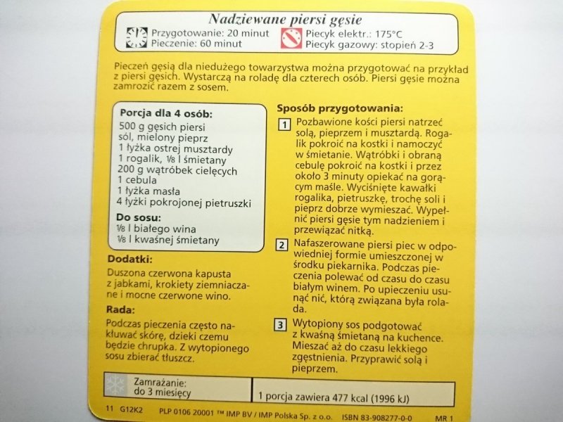 KARTA KULINARNA NR 2 NADZIEWANE PIERSI GĘSIE