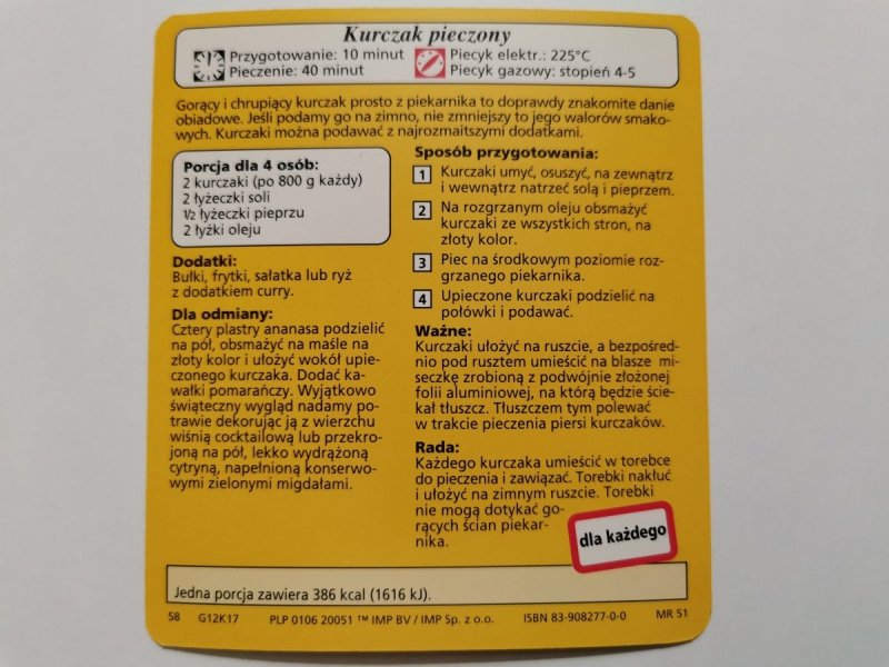 KARTA KULINARNA NR. 17 KURCZAK PIECZONY