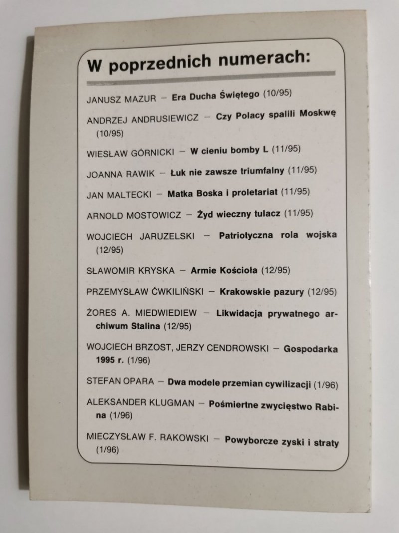 DZIŚ. PRZEGLĄD SPOŁECZNY. WARSZAWA ROK VII LUTY '96 NR 2 (65)