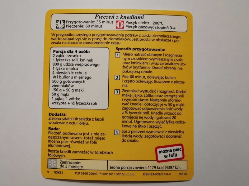 KARTA KULINARNA NR. 35 PIECZEŃ Z KNEDLAMI