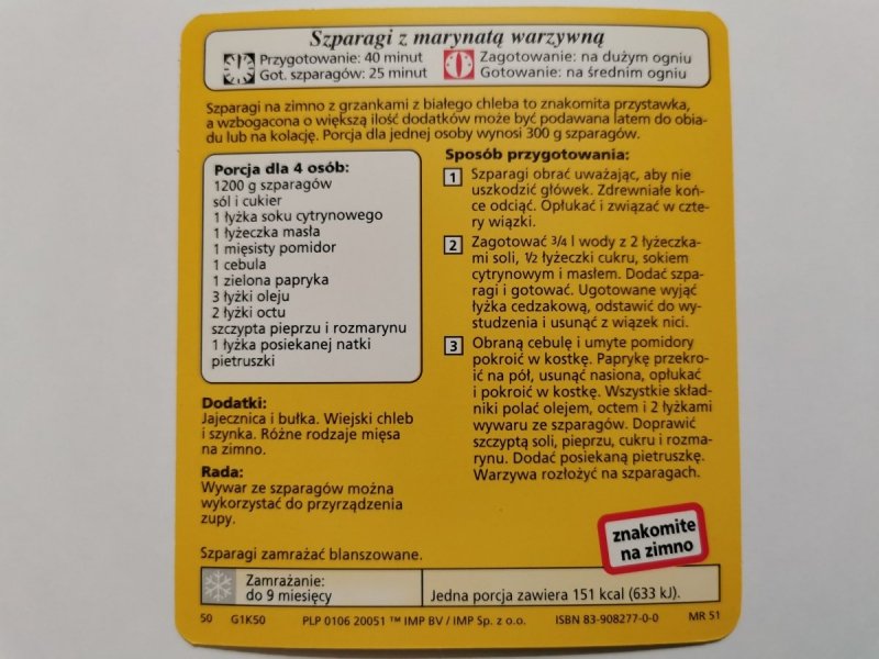 KARTA KULINARNA NR. 50 SZPARAGI Z MARYNATĄ WARZYWNĄ