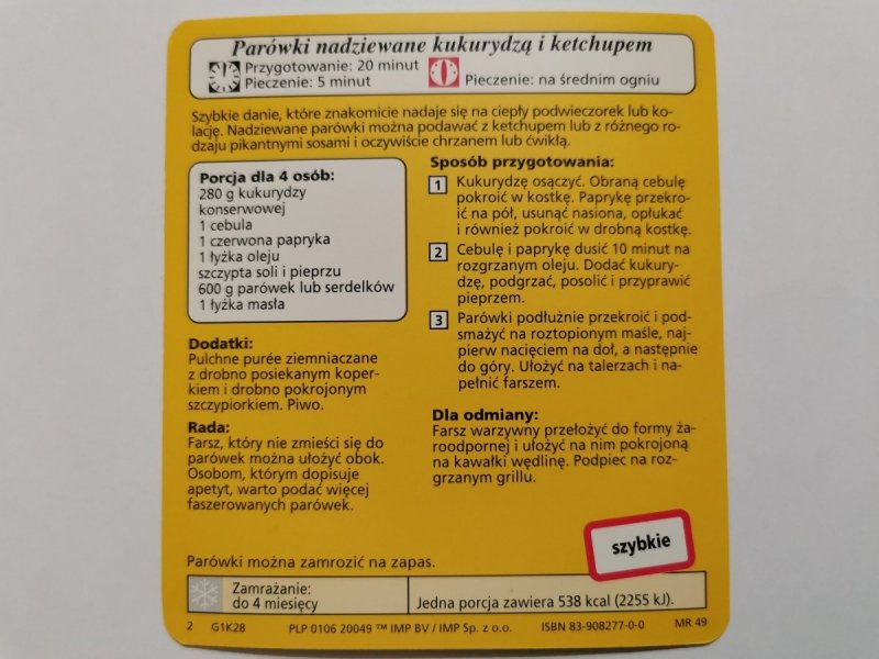 KARTA KULINARNA NR. 28 PARÓWKI NADZIEWANE KUKURYDZĄ I KETCHUPEM