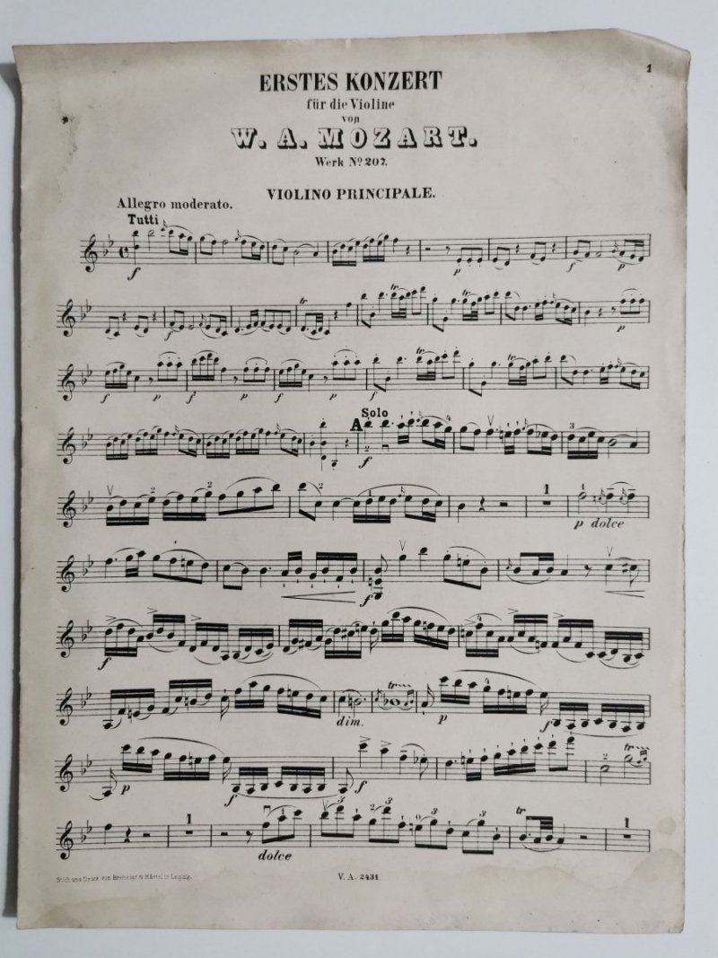 ERSTES KONZERT FUR DIE VIOLINE VON W. A. MOZART WERK No. 207 