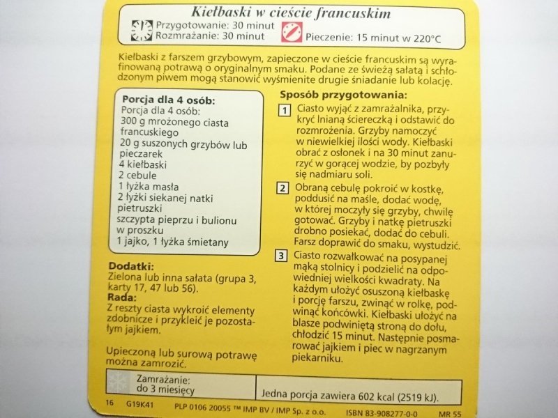 KARTA KULINARNA NR 41 KIEŁBASKI W CIEŚCIE FRANCUSK