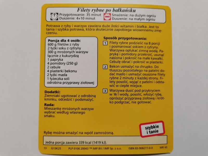 KARTA KULINARNA NR. 25 FILETY RYBNE PO BAŁKAŃSKU