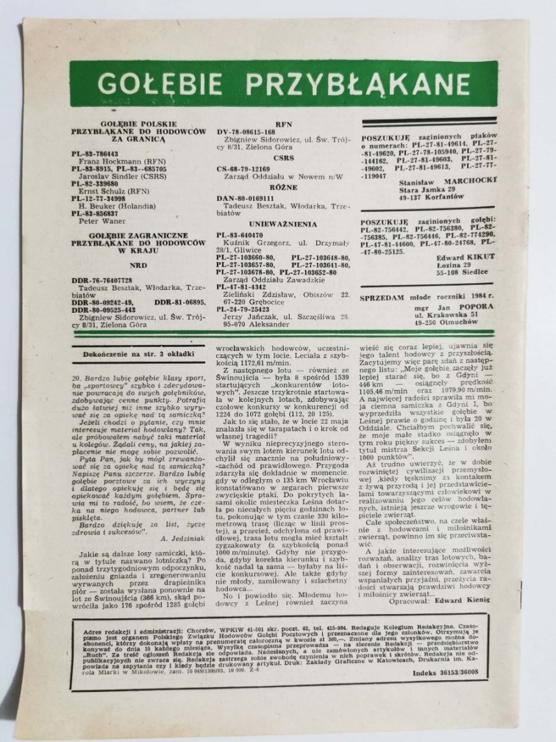 HODOWCA GOŁĘBI POCZTOWYCH NR 12 1983
