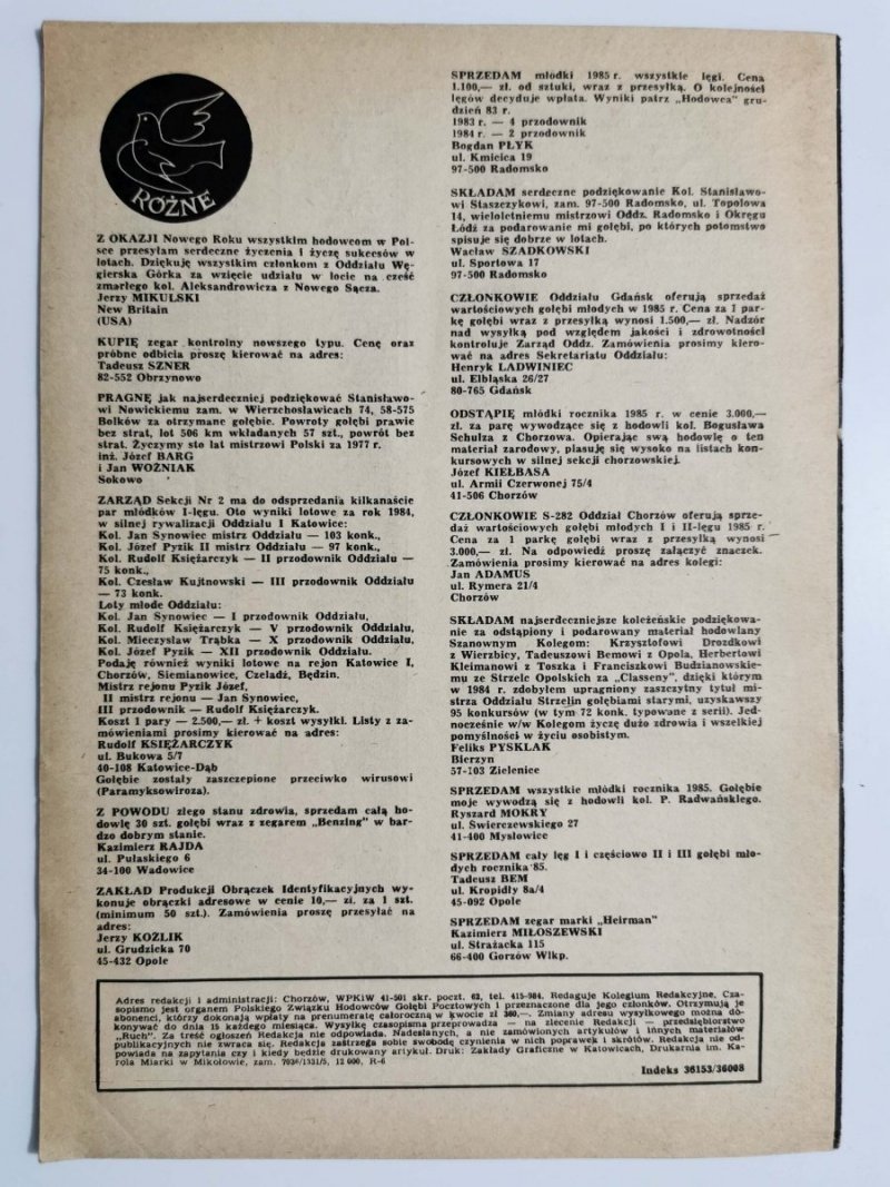 HODOWCA GOŁĘBI POCZTOWYCH NR 2 1985