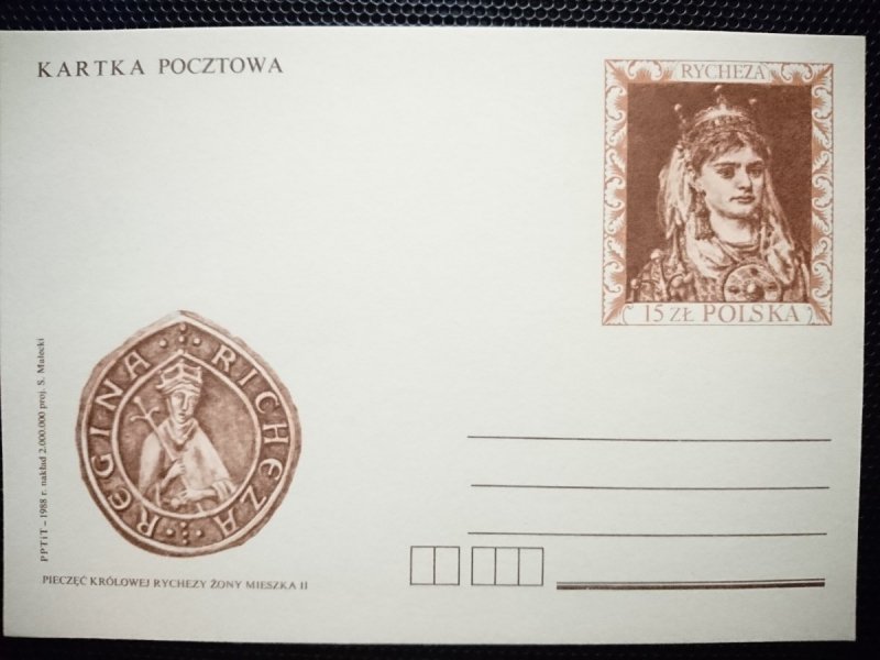 KARTKA POCZTOWA. PIECZĘĆ KRÓLOWEJ RYCHEZY ŻONY MIESZKA II