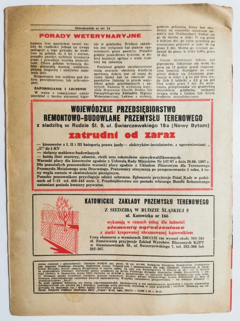 HODOWCA GOŁĘBI POCZTOWYCH NR 10  1972