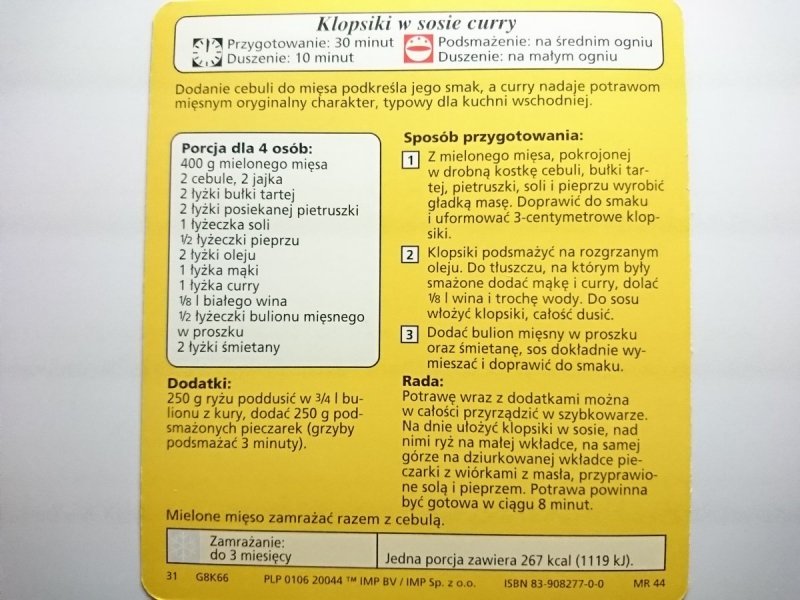KARTA KULINARNA NR 66 KLOPSIKI W SOSIE CURRY