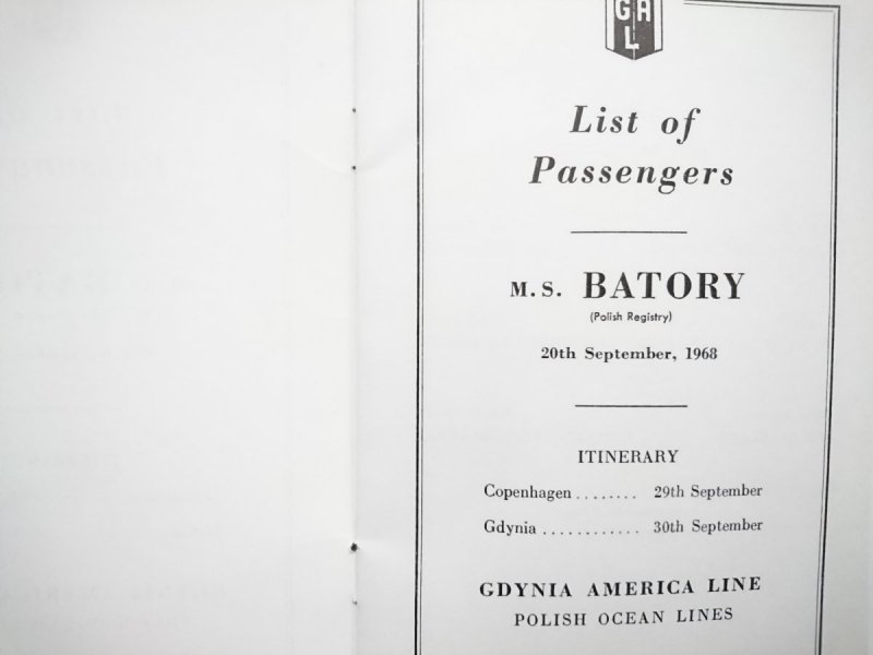 M.S. BATORY - List of Passengers 20 th September, 1968