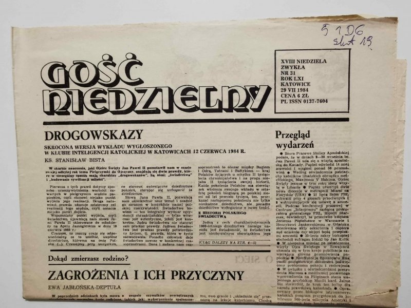 GOŚĆ NIEDZIELNY XVIII NIEDZIELA ZWYKŁA NR 31 ROK LXI KATOWICE 29 VII 1984