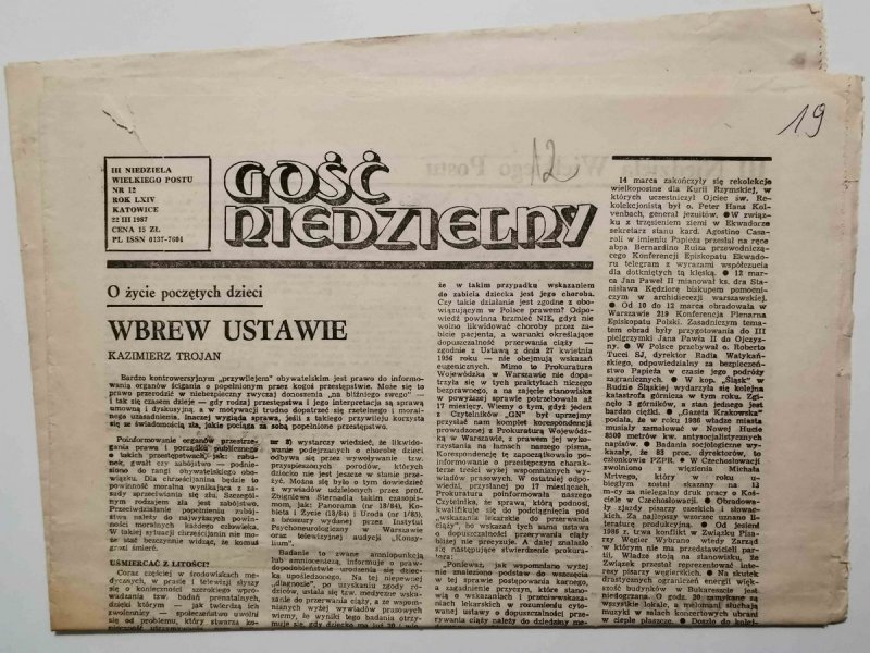 GOŚĆ NIEDZIELNY III NIEDZIELA WIELKIEGO POSTU NR 12 ROK LXIV KATOWICE 22 III 1987