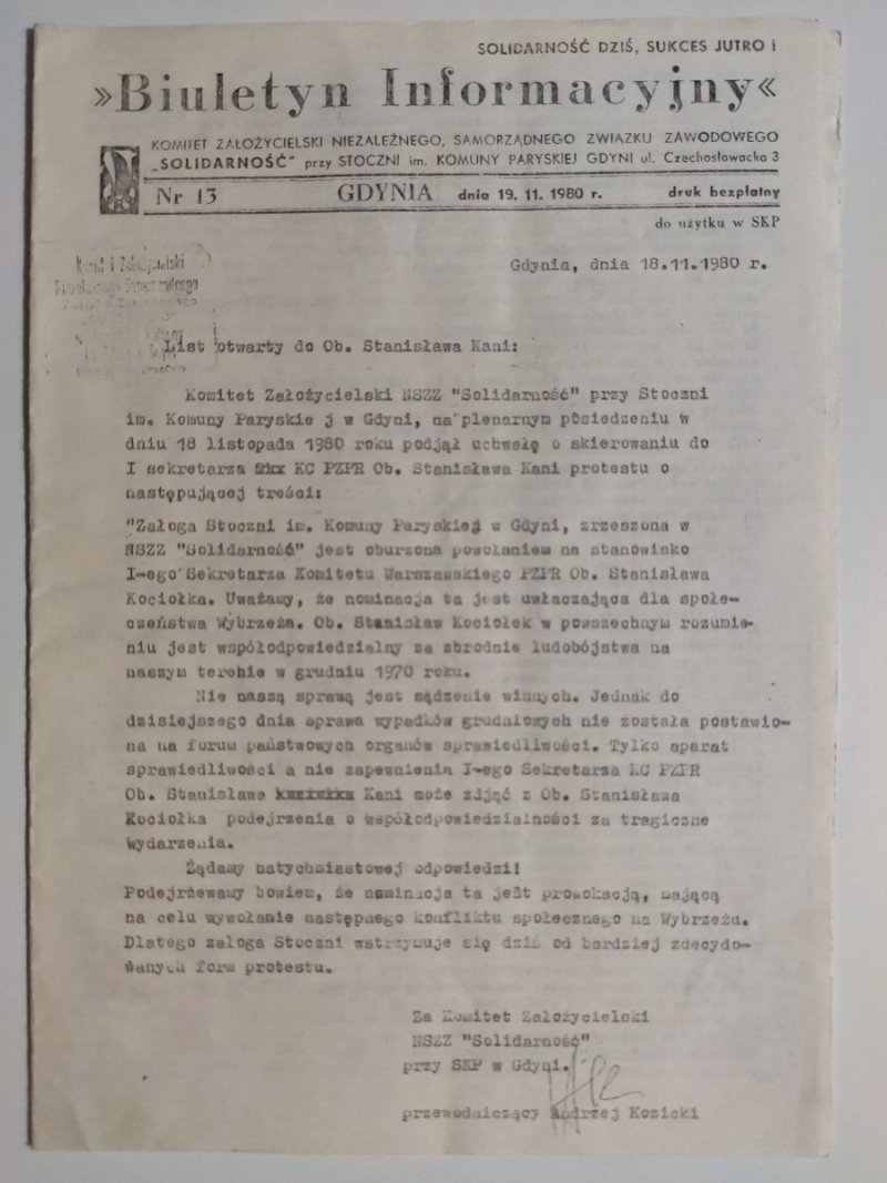 BIULETYN INFORMACYJNY NR 13 – 19.11.1980