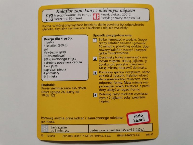 KARTA KULINARNA NR. 8 KALAFIOR ZAPIEKANY Z MIELONYM MIĘSEM