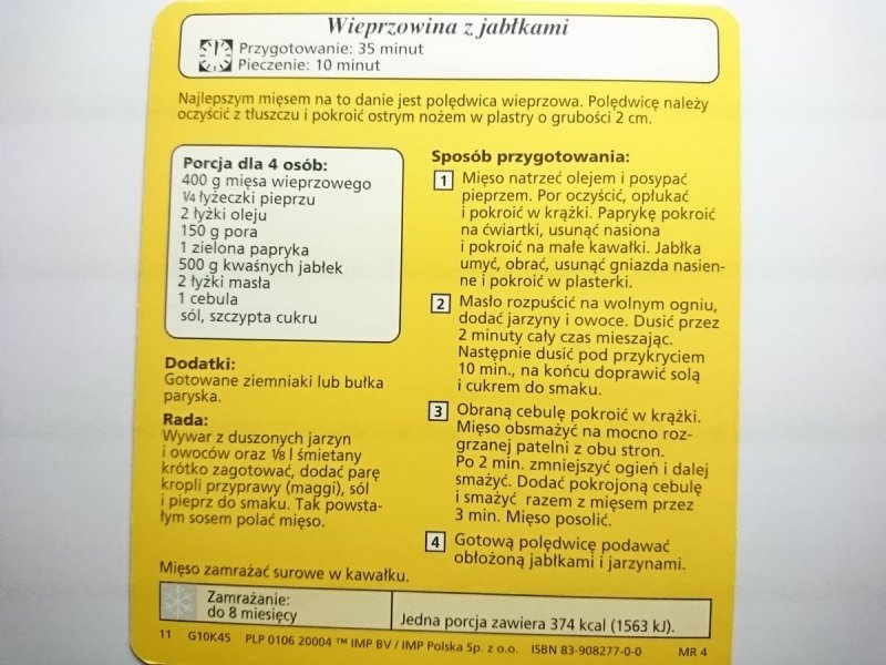 KARTA KULINARNA NR 45 WIEPRZOWINA Z JABŁKAMI